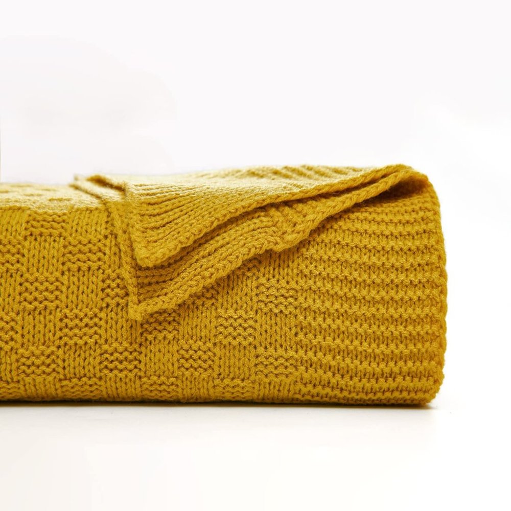Waffle Knit Cable Knit Weave Square Pattern Decorative Bed Warm Accent Blanket - Picture 2 of 7